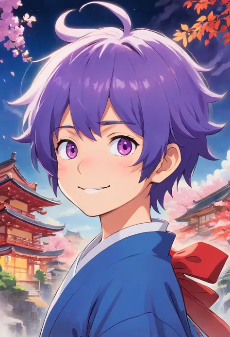 A boy with purple hair, one blue and one red eyes, smiling, wearing a traditional Japanese costume.