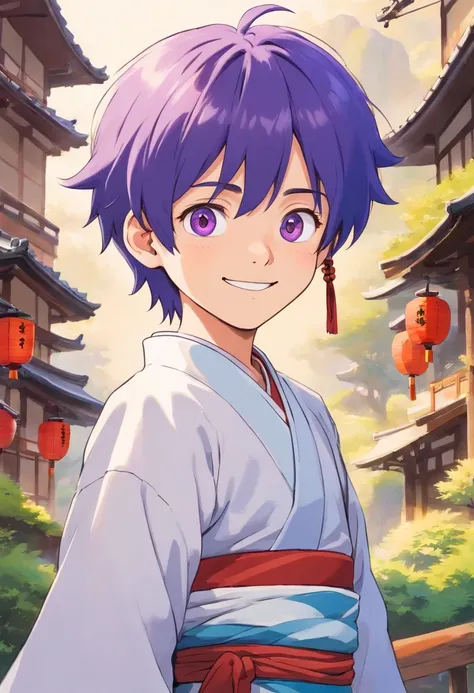 A boy with purple hair, one blue and one red eyes, smiling, wearing a traditional Japanese costume.