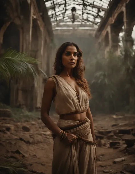 a new trailer tv series shows the main character, in the style of post-apocalyptic ruins, beautiful women, 8k resolution, indian pop culture, light white and brown, junglecore, celebrity image mashups --ar 69:128 --s 750 --v 5.2