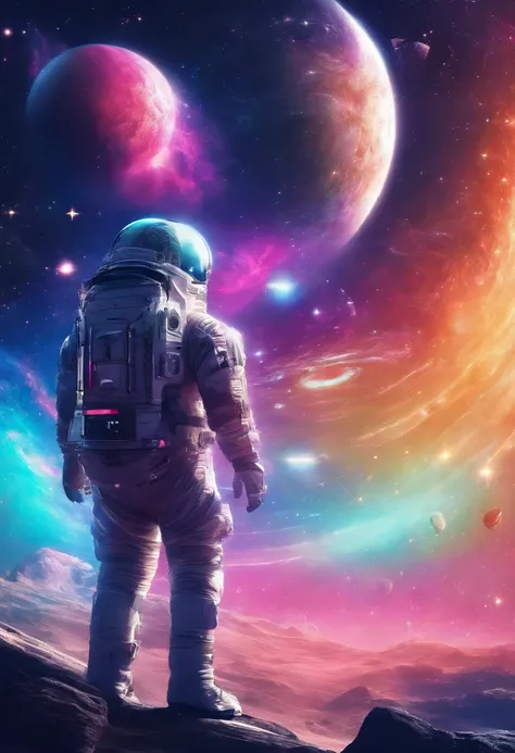 Paisagem fantastica em um planeta estrangeiro, Sky full of distant planets, um homem com traje espacial azul, a bright rainbow and planets with rings in the sky