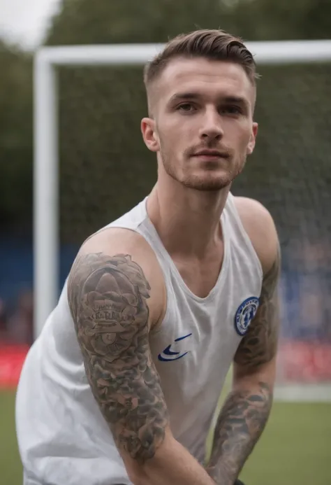 Scottish man soccer player, cabelo grande curto, 28 anos, rosto marrento, goleiro, tattooed left arm, in Chelsea