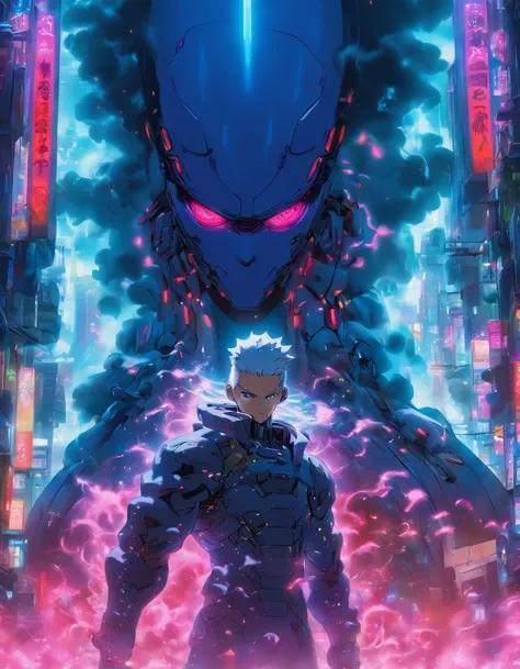 "8K, Front view, Ghost in the Shell, Ethereal neon smoke, A cybernetically enhanced male warrior holding a immense glowing sword looking down at the viewer, Alleyway in Neo Tokyo covered in neon smoke, Shaved head with cybernetic implants visible, Tactical...