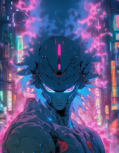 "8K, Front view, Ghost in the Shell, Ethereal neon smoke, A cybernetically enhanced male warrior holding a immense glowing sword looking down at the viewer, Alleyway in Neo Tokyo covered in neon smoke, Shaved head with cybernetic implants visible, Tactical...