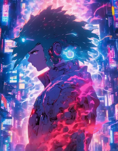 "8K, Front view, Ghost in the Shell, Ethereal neon smoke, A cybernetically enhanced male warrior holding a immense glowing sword looking down at the viewer, Alleyway in Neo Tokyo covered in neon smoke, Shaved head with cybernetic implants visible, Tactical...