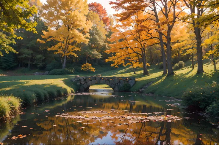 autumn,fall foliage,vibrant colors,sunlit forest,beautiful trees,leaf-strewn path,crisp air,golden sunlight,majestic oak tree,tranquil lake,rustling leaves,splashes of red and orange,glimmering reflections,on a sunny afternoon,serene atmosphere,fading warm...