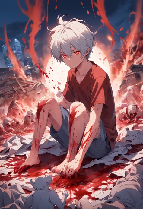 A young demon looking like a human with his white hair and blood red eyes on his body is covered in blood in front of him a pile of bodies