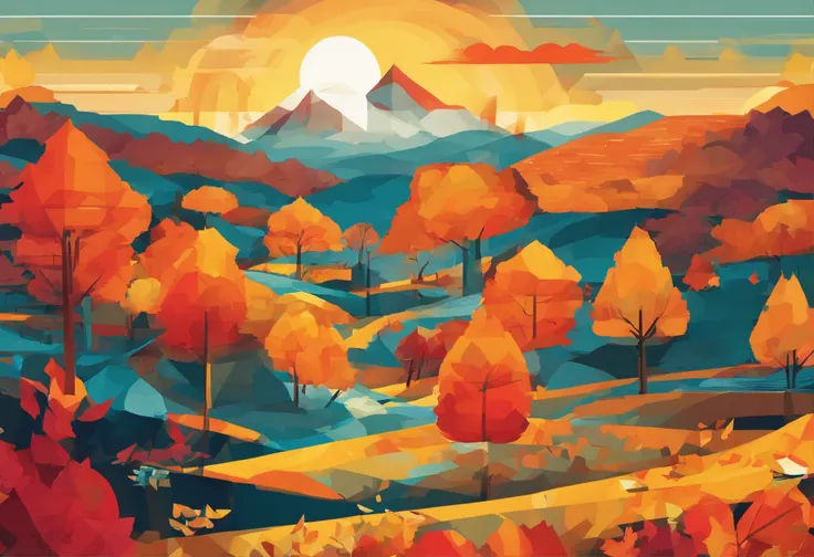 A vibrant and colorful depiction of the changing seasons, with a focus on the beauty of autumn. The image should show a landscape filled with rich, warm colors, such as reds, oranges, and yellows, as leaves turn and fall from trees. The scene should also i...