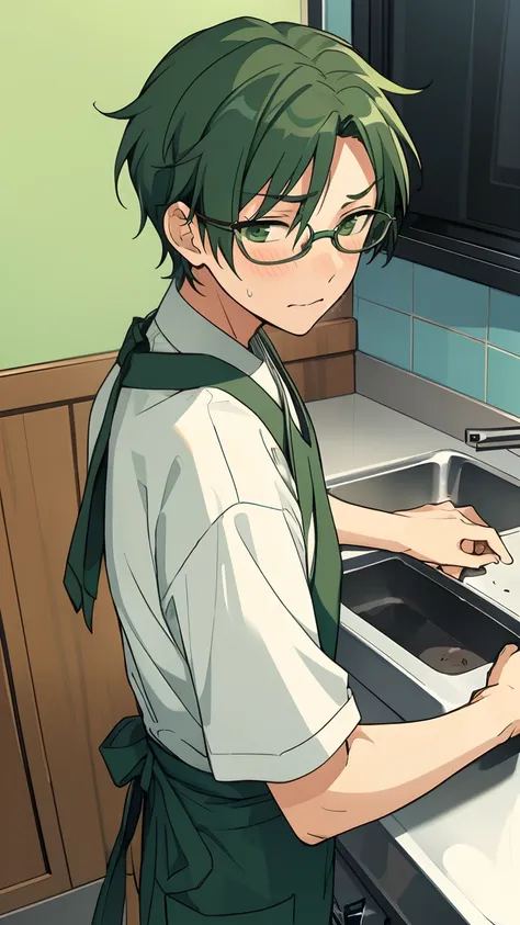 [hasumi keito, green hair, green eyes], [wearing grey color glasses:1.2], masterpiece, best quality, ultra-detailed, boy,[naked ...