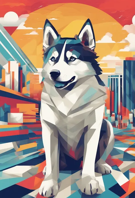 (Nvinkpunk:1.2) (Estilo SNTHWVE:0.8) um cachorro Husky Siberiano branco, onda de luz, Sunny sky with lots of clouds, intrincado, altamente detalhado