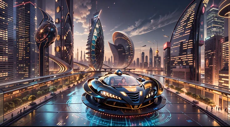 Enter a fascinating vision of the future through captivating futuristic imagery of the city of Dubai. The towering giant skyscraper is decorated with gold ornaments and a smooth glass curtain wall，pierce the sky, The vibrant lights of the city that never s...