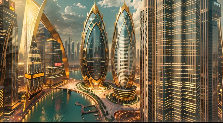 Enter a fascinating vision of the future through captivating futuristic imagery of the city of Dubai. The towering giant skyscraper is decorated with gold ornaments and a smooth glass curtain wall，pierce the sky, The vibrant lights of the city that never s...