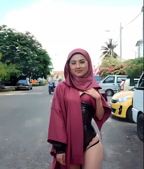 (Best Quality, Masterpiece: 1.1), (Fidelity: 1.4), 1 girl, upper body, pink hijab, five-star hotel, black corset, messy clothes, panties