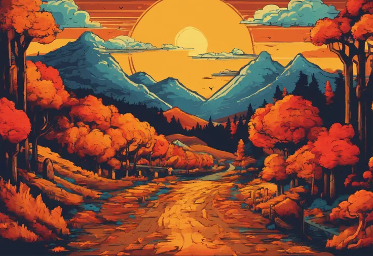 A vibrant and colorful depiction of the changing seasons, with a focus on the beauty of autumn. The image should show a landscape filled with rich, warm colors, such as reds, oranges, and yellows, as leaves turn and fall from trees. The scene should also i...