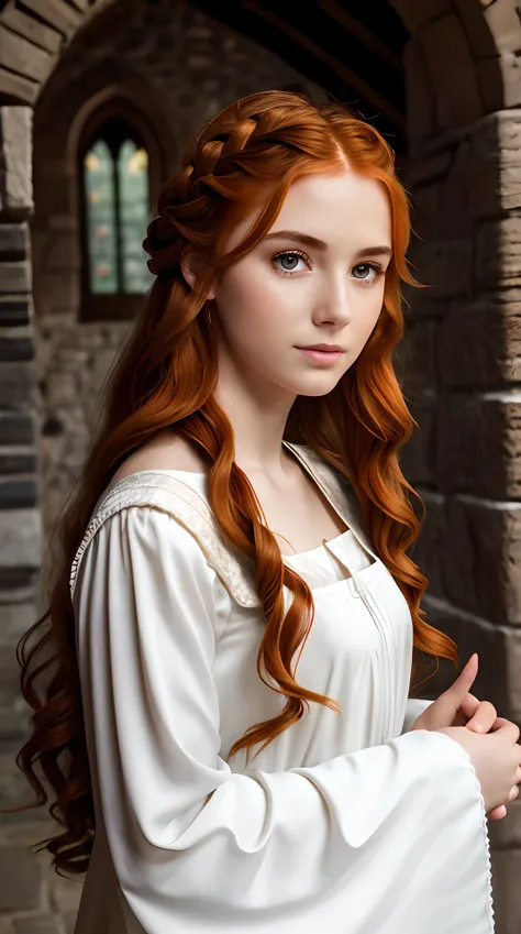 RAW photo, woman 20 years old, Waist-length image in the center of the composition, pretty, Modest, Embarrassed, imperfectly detailed face, ((long, wavy ginger hair)), braid, Modest early medieval dress with (long, wide, spacious straight sleeves), in a me...