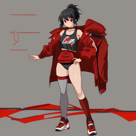 Anime Girl,Ponytail,Tiny Red Jacket,Black Leotard outfit+,Black hair+,Full Body,Large Chest+, (high quality)+,Masterpiece++,Red Sport Shoes,Black Thigh Highs+++,White Tank Top++,Red Eyes,Standing Straight+,Red chocker+,Thicc Thighs