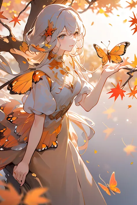 (masterpiece, best quality, high quality, highres, ultra-detailed), autumn scenery, falling leaves, warm color. 1girl with orang...