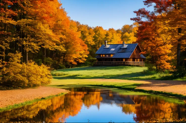 autumn landscape, vibrant autumn colors, golden leaves, ground covered in leaves, tall trees, calm atmosphere, gentle breeze, warm sunlight, serene pond, reflection of trees in water, birds singing in the distance, cozy cabin, smoke coming out of the firep...