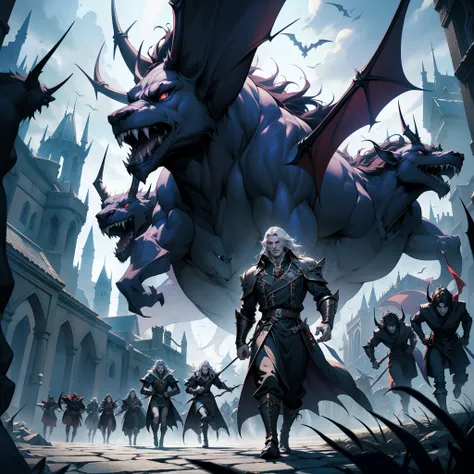 Castlevania Lord of the shadows hyper realistic super detailed hyper realistic super detailed Dynamic shot of lord Dracula leading troops army of demons to battle sharp détails