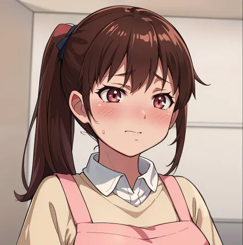 hiquality, tmasterpiece (one girls) Embarrassed face. housewife. beige sweater. pink apron. brown eye. brown-hair. Embarrassed face.