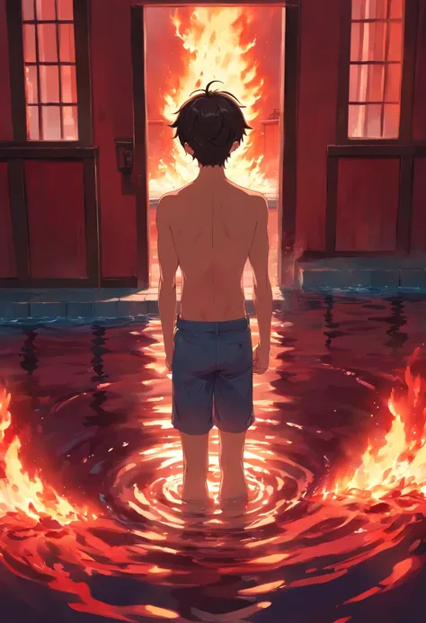 A young man standing on top of a pool of blood is in front of him at a burning red door, the young man is on his back naked;