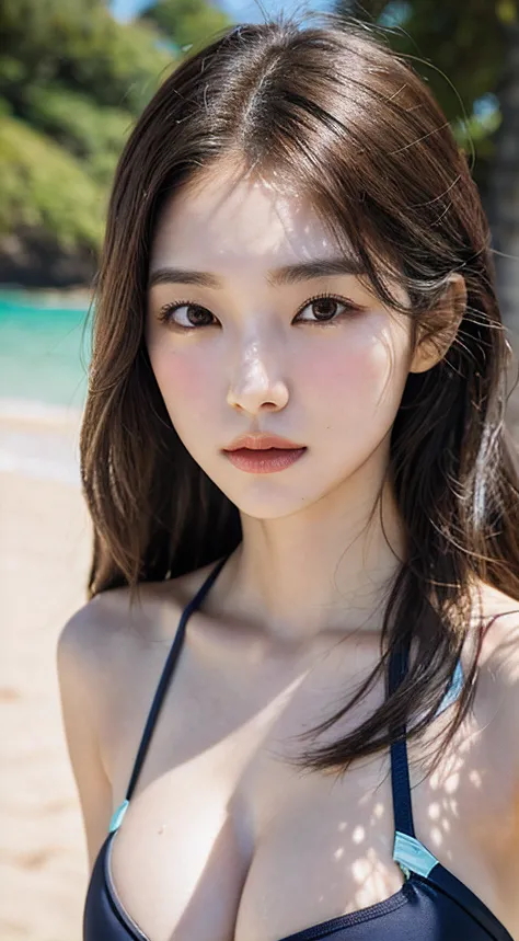 portrait of Soyeon Robertza girl gradient brown hair, slender, disheveled hair, fine collarbone, wearing swim suit in the beach, medium breasts, sideboob, big chest, bare waist, cleavage:1.3, (8K, RAW photography, Best quality, Masterpiece: 1.45), (Realist...