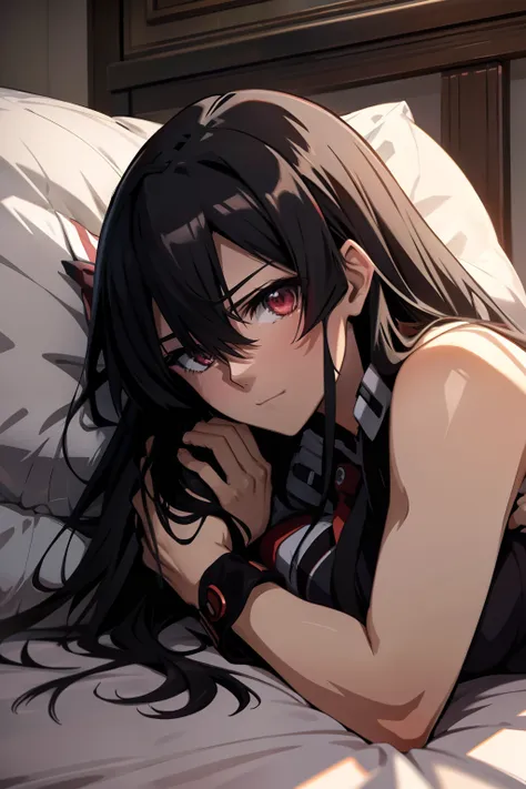 akame (akame ga kill), cuddling with the viewer, laying on the bed, lingeries