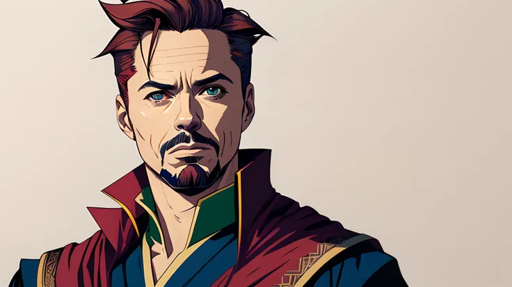 midshot, (cel-shading style:1.3), centered image, ultra detailed illustration of Robert Downey Junior as doctor strange, posing, brunette, (tetradic colors), inkpunk, (ink lines:1.1), strong outlines, art by Matthias Schiffer, bold traces, unframed, high c...