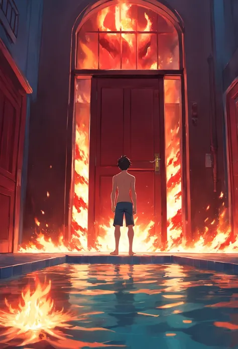 A young man on top of a pool of blood stands in front of a burning red door, The young man is on his back, sem roupas no corpo, Hes naked in a big pool of fresh blood