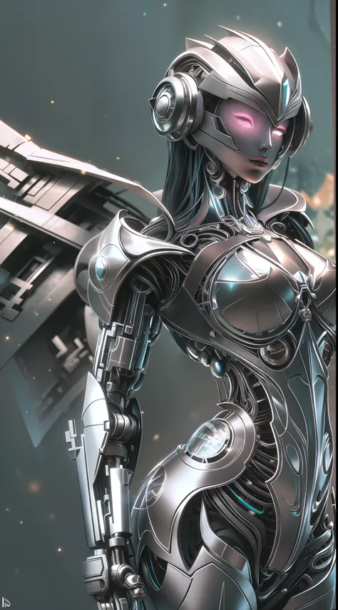 female green mech sculpture，skysky，the mech is rich in detail，mechanical skin texture，silver robot wing detail，silver lightning ...