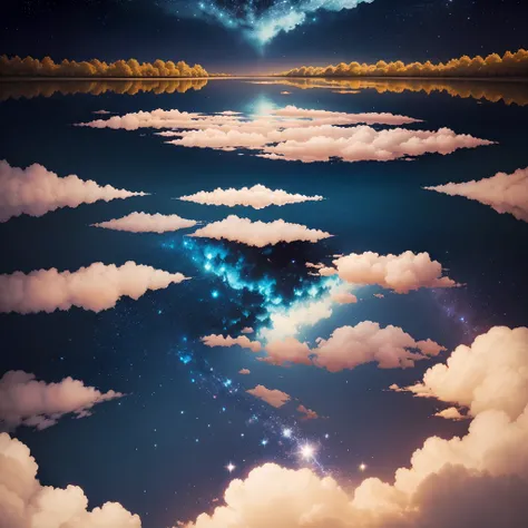 Sky with clouds and stars, River reflecting the sky and the clouds and the stars