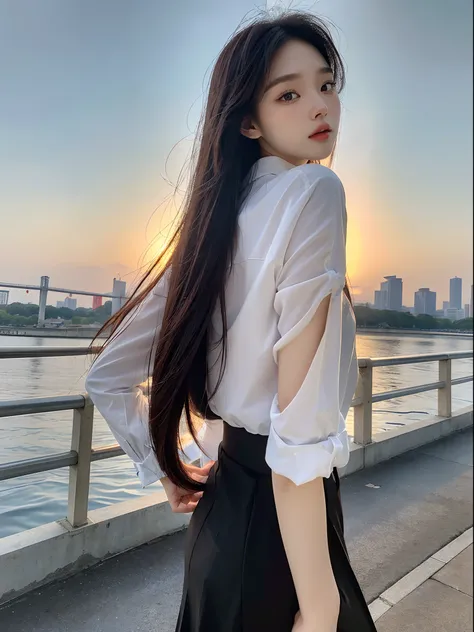 ​masterpiece、top-quality)、1 beutiful girl、Slim body、((Black and white plain clothes:1.1))、(Detailed beautiful eyes)、In the Han River、FACE RESEMBLING CHAEWON IN LE SSEREFIM、((Boyish Brown Medium Hair))、((Smaller face))、((Neutral face))、((Light brown eyes))、...