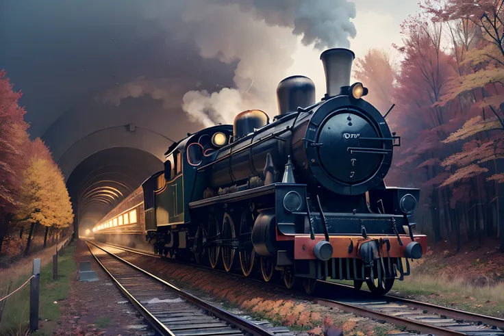 (((autumn atmosphere:1.3))), vintage steam locomotive, approaches the entrance of a tunnel, a single round light illuminates its path. adorned with intricate designs and patterns, forest punk-inspired of autumn leaves, blue hour casts a dreamy glow over th...