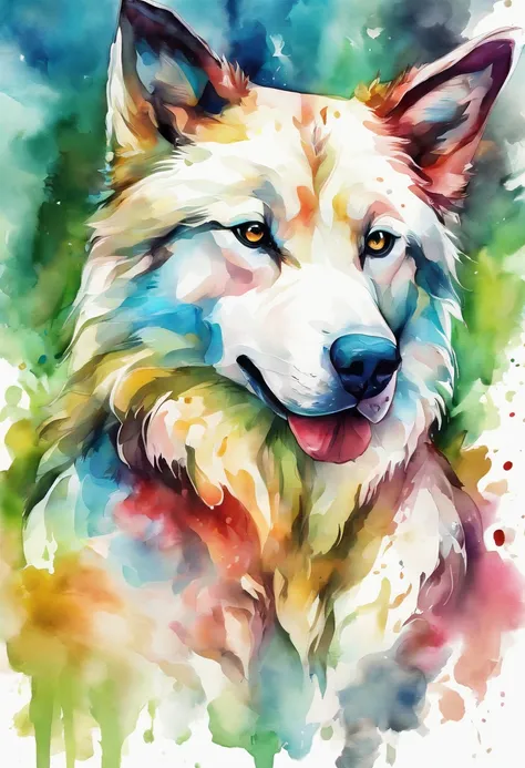 3d aquarela abstrata,fundo escuro,high resolution,alta qualidade,colorido,verde,vermelho,azul, pintura de um cachorro Husky Siberiano branco.