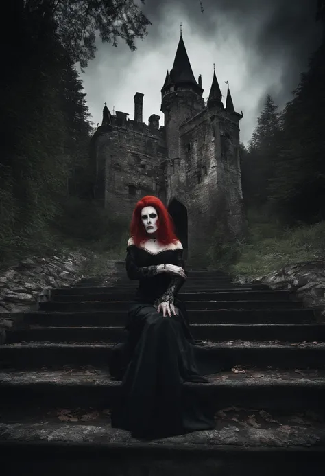 Ultra realistic sexy   67 year old lady who lives in Draculas castle in Transylvania, she has red hair, green eyes, vampire teeth stained with blood, an evil look with the smile of the devil, she has very big breasts, she dresses in a red bra and lingerie,...