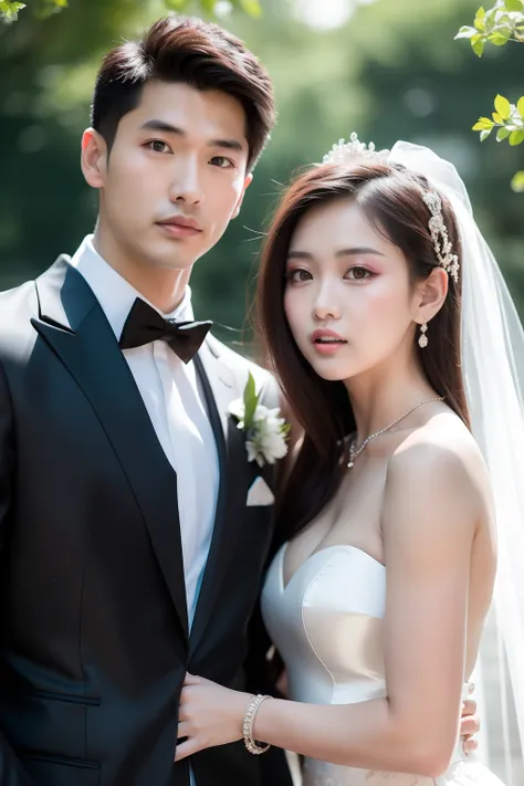 Novios posando para una foto en un parque, & Jeehyung Lee & WLOP, Foto de boda, Pareja encantadora, Cara hermosa y cara hermosa, Toma de retrato, Boda de lujo, Novios, Ruan Jia y Brom, Ruan Jia y Fenghua Zhong, Toma de retrato en primer plano, Yanjun Cheng...