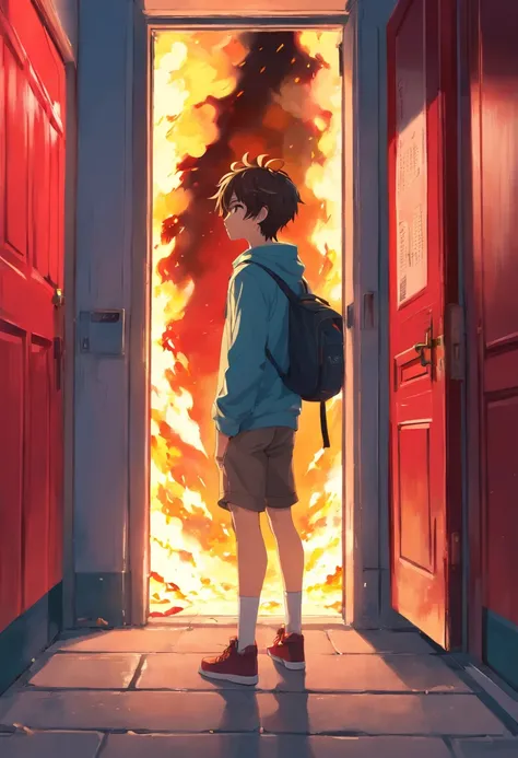 A young teenager fully his back clothes catching fire in front of a red door and on his way back to a crowd staring at him