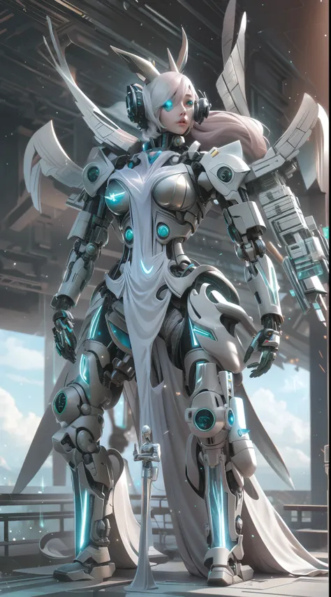 female green mech sculpture，skysky，the mech is rich in detail，mechanical skin texture，silver robot wing detail，silver lightning ...