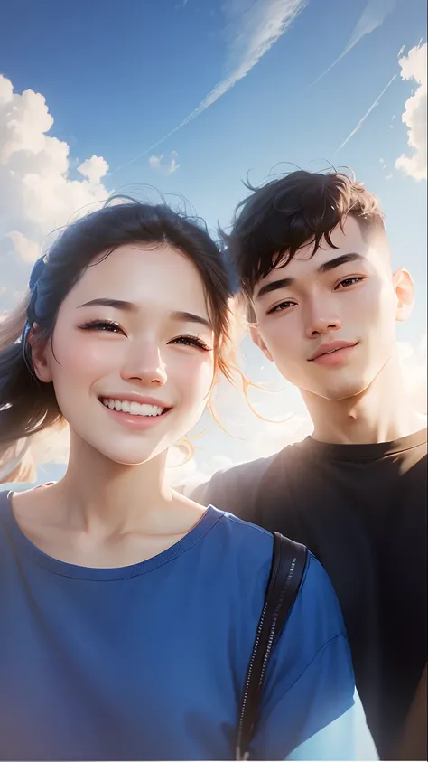 cute couple, Korean, blue sky background, simple ultra realistic