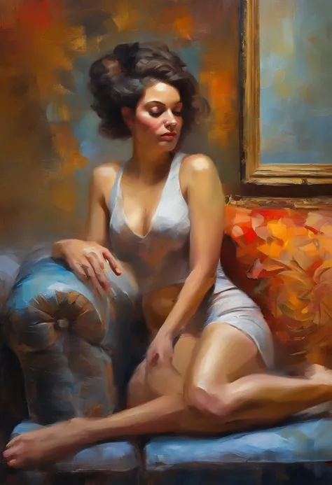 A painting of a woman with her eyes closed, ((golden ratio}} laying on the sofa after a long night on the town, a sensual painting, a Beautiful expressive painting, Wadim Kashin. Ultra photo realism, Louise Ross, digital painting art, Perceptual digital pa...