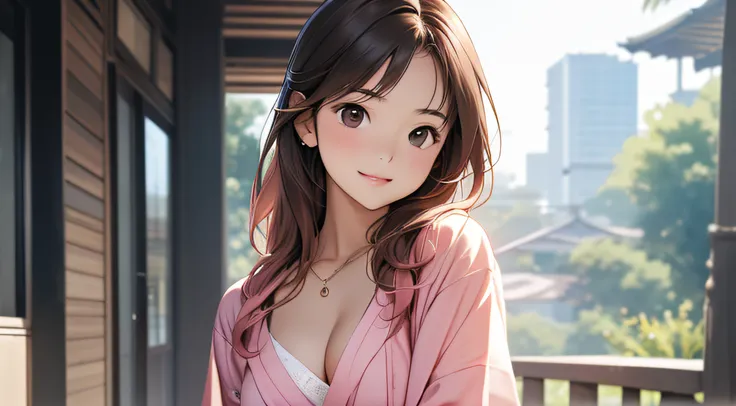 （A Certain Science Railgun、Seo Yeon Joo）、Brown skin、kimono、（Medium hair in pink color）、Young、Cute、a beautifulchi girl、Perfect style、larjeBoobs、cute pose, smiling, Emphasizes cleavage、deadpan、realisic、Realistic、８ｋ、Heavily detailed、最好质量、Top image quality、hig...