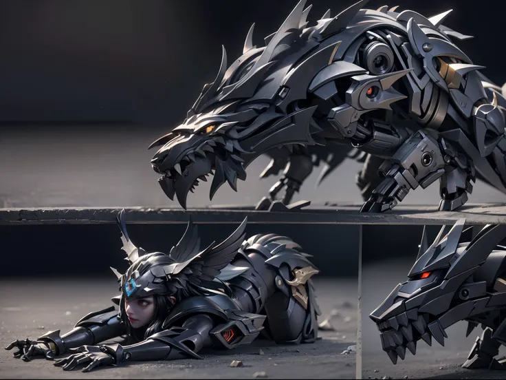 High quality 8K wallpaper，A wolf，lying on the ground，Pure black，Mech texture details，Sculptural texture，Advanced rendering，Background cleanup，Look up at the audience，Black textured metal mechanical wing。Based on the steel Garuru model，Advanced rendering