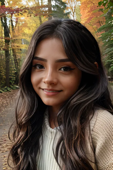 little latina girl walking through autumn woods, rogowoarboretum,  long wavy hair, photorealistic, symmetrical face, symmetrical...