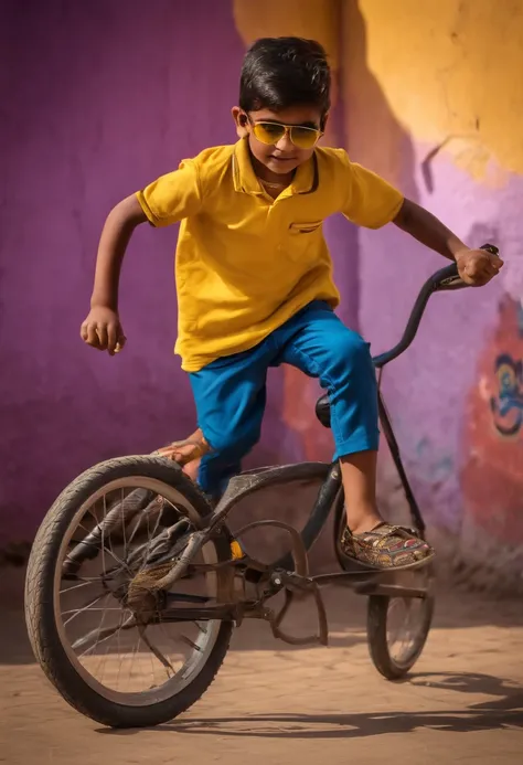 Indian kid, wearing sun glasses, colour fulshirt, yellow theme, playing with a bicycle tyre, running infront of a big wall