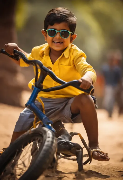 Indian kid, wearing sun glasses, colour fulshirt, yellow theme, playing with a bicycle tyre,