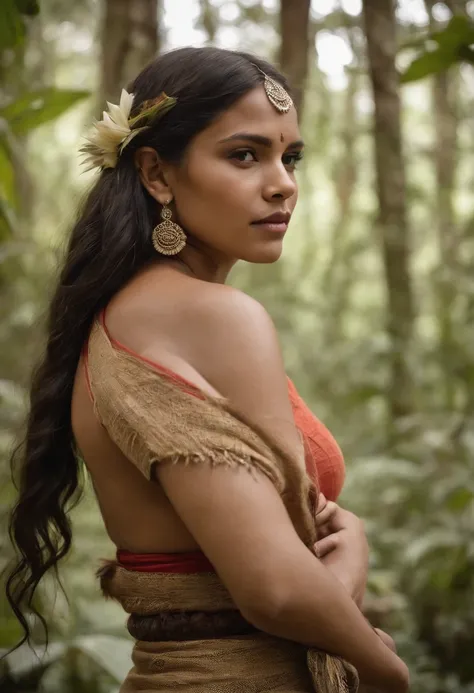 South American indigenous princess in Amazon jungle, morena, nariz un poco grande, tapa rabo, cabello cubre el escote muy grande, ABS definido, Aboriginal accessories on your neck, Foto RAW, DSLR, Soft lighting, alta calidad, Film grain, Fujifilm XT, reali...