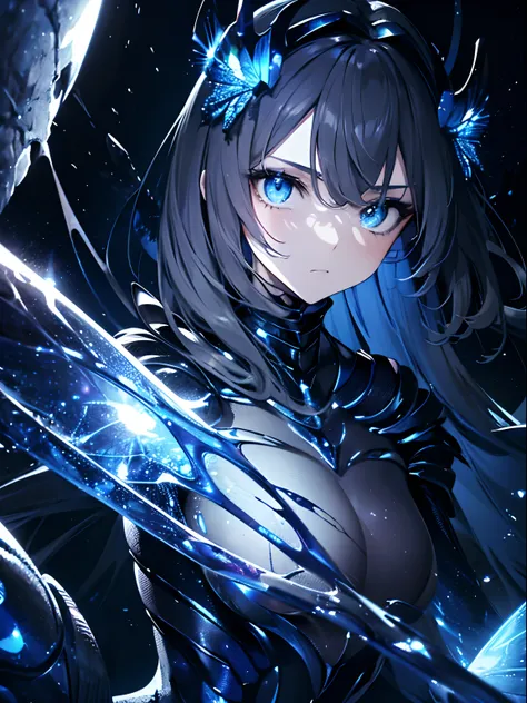 (Masterpiece, Best quality, ultra high resolution),1girl,(insect skin),(centipede girl,insectoid),beautiful and detailed face, detailed eyes,insect arms,in the cave,night,((grey and blue theme)), looking at viewer