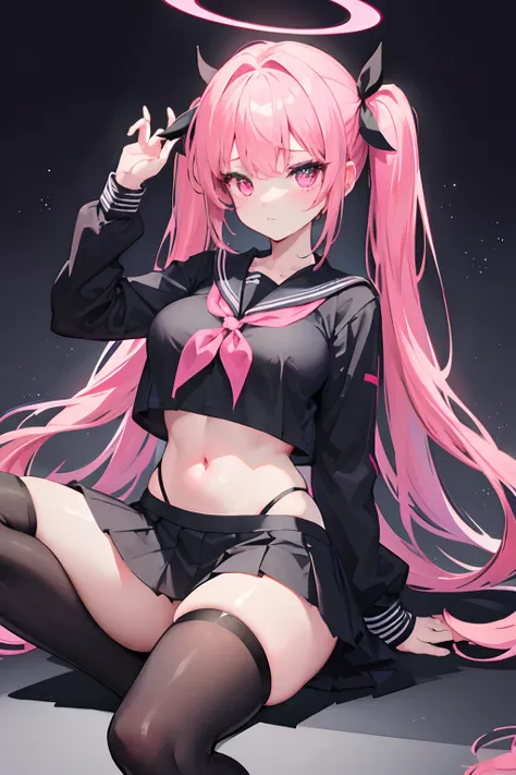 A (beautiful) schoolgirl with pink twin tails. She has (pink luminous eyes). Bioluminescent [horns] and a glittering halo.
BREAK, Her round [breasts are big]. She is slim but has thick thighs.
BREAK, She is wearing a (black sailor crop top uniform).
She is...