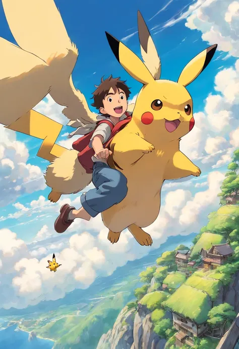 homem jovem, flying with Pikachu in the sky