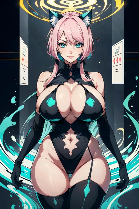 ((mature adult tall woman, mature_face)), (glowing aqua eyes), cat ears, narrow waist, gradient (pink hair), large breasts, large areolae, (oily skin) ,              


(adult woman, mature face), huge thighs, big hips, heavy breasts, saggy breasts, seduct...