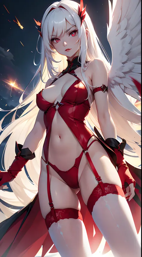 20 year old young woman( Long white hair ),(bright red eyes)<=(eyes HD lighting) (has red lips), beautiful eyebrows (badass expression) both hands have red bracelets on the arms (wears clothes made of transparent white cloth) (sexy white underwear model Ga...